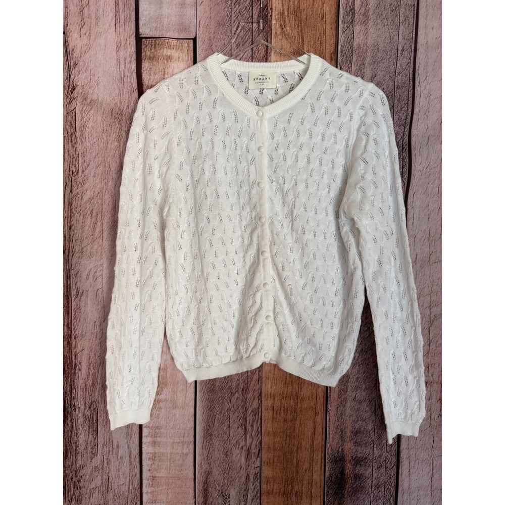 Sézane Pointelle Knit Cotton Cardigan Sweater White Button Front Capsule Large